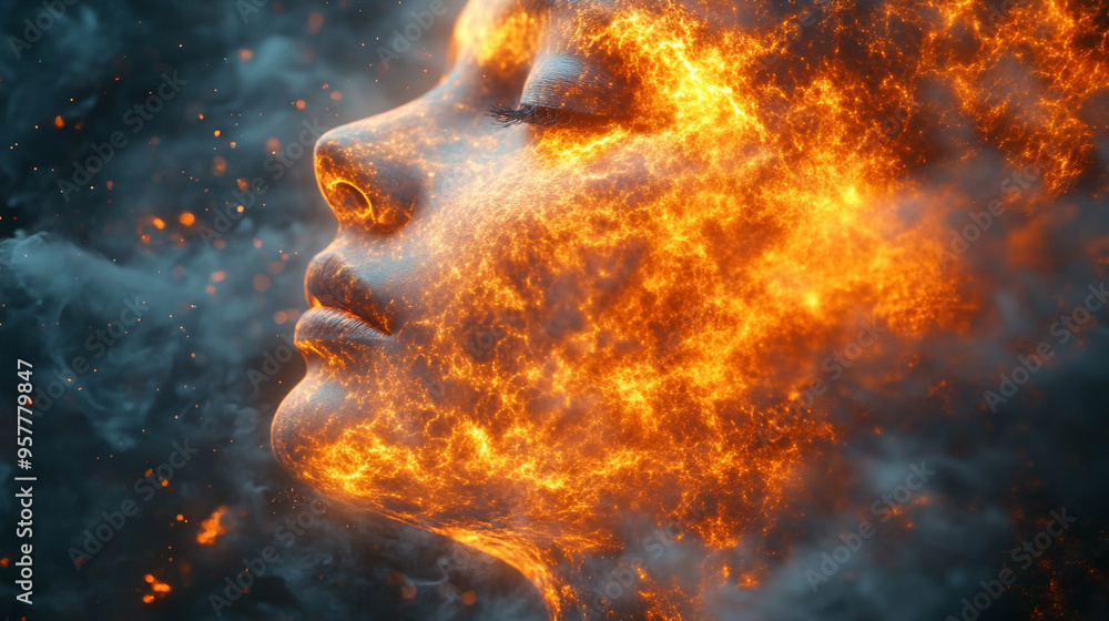 A stunning artistic depiction of a face engulfed in flames, symbolizing passion and transformation amidst ethereal clouds. A stunning artistic depiction of a face engulfed in flames, symbolizing passion and transformation amidst ethereal clouds.