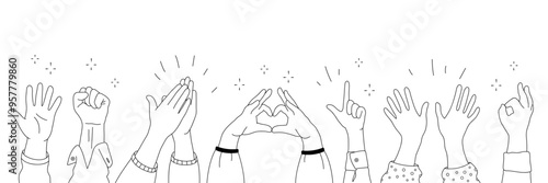Applause hands set in doodle style. Human hands sketch, with arms raised in gestures like clapping and making heart shapes, on a white background. Vector illustration for celebratory themes