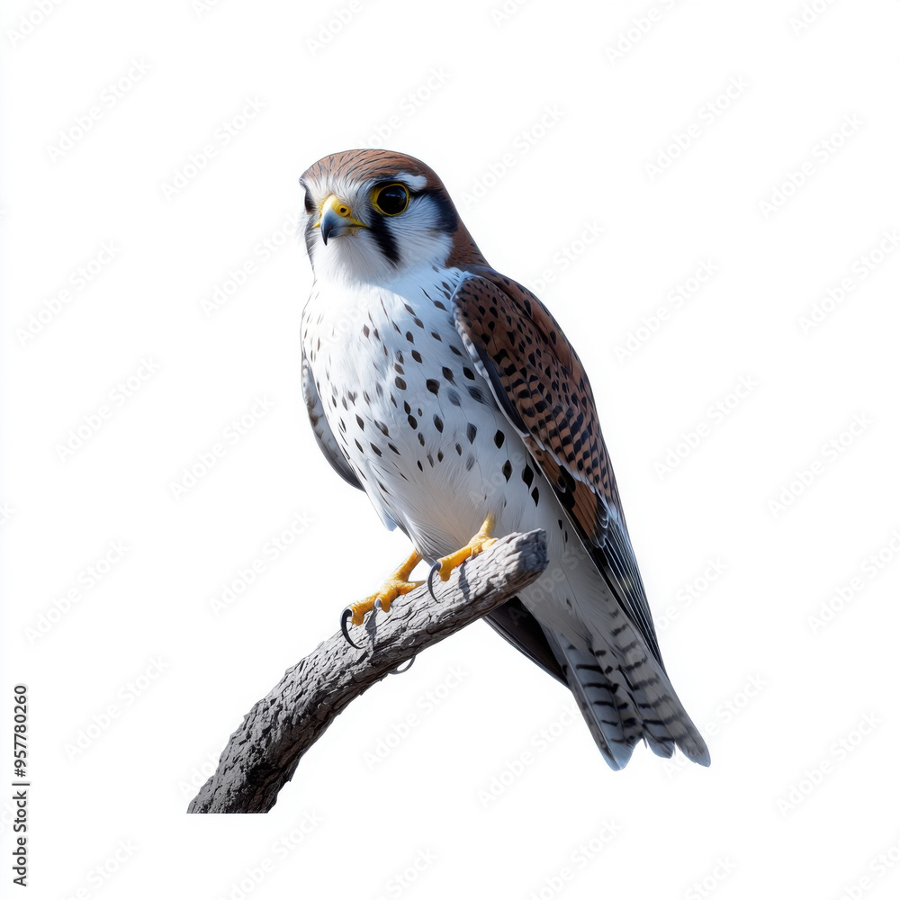 Close-up of an American kestrel bird perched on a branch against a white background, highlighting its detailed feathers and predatory gaze. Close-up of an American kestrel bird perched on a branch against a white background, highlighting its detailed feathers and predatory gaze.