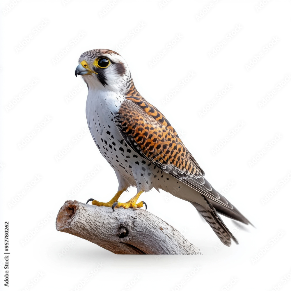 Detailed view of an American kestrel bird perched on a branch, isolated against a white background, showcasing its sharp features and natural beauty. Detailed view of an American kestrel bird perched on a branch, isolated against a white background, showcasing its sharp features and natural beauty.