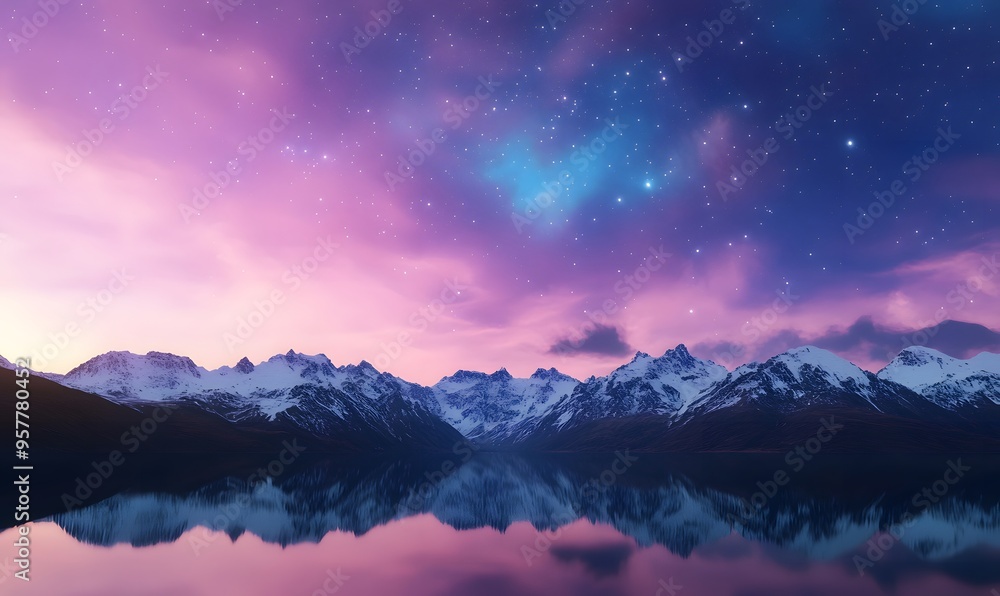 snow-covered mountains reflected in a perfectly still lake, Generative AI snow-covered mountains reflected in a perfectly still lake, Generative AI