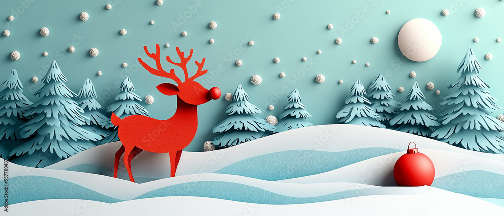 A whimsical scene with a red reindeer in snow, surrounded by snowy trees and festive decorations, perfect for holiday themes. A whimsical scene with a red reindeer in snow, surrounded by snowy trees and festive decorations, perfect for holiday themes.
