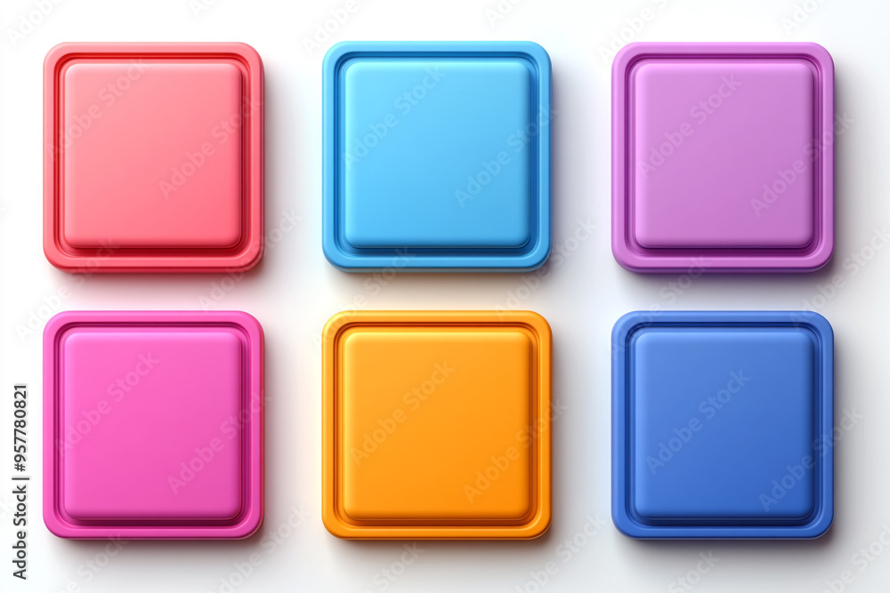 Colorful square buttons arranged in a grid, perfect for web design, apps, or digital interfaces. Colorful square buttons arranged in a grid, perfect for web design, apps, or digital interfaces.