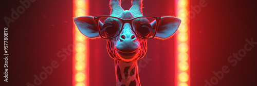 A giraffe wearing glasses smiles for the camera in a neon light setting.