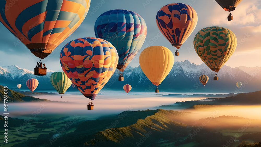 Fototapeta premium Balloons at Dawn: A Valley Awakens