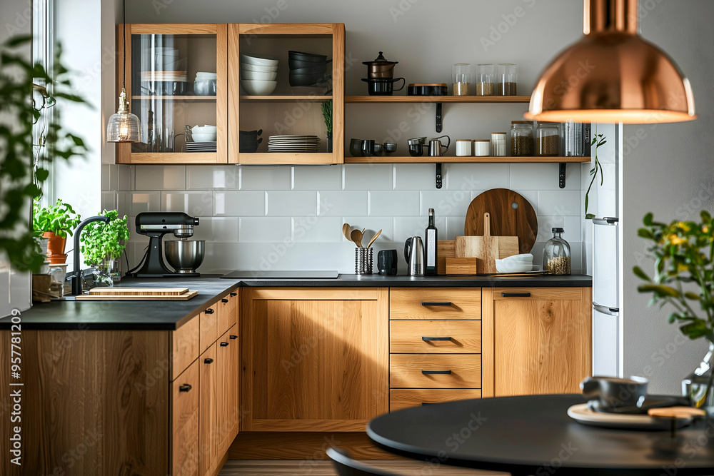 Modern Kitchen with Open Shelving and Stylish Copper Accents Modern Kitchen with Open Shelving and Stylish Copper Accents