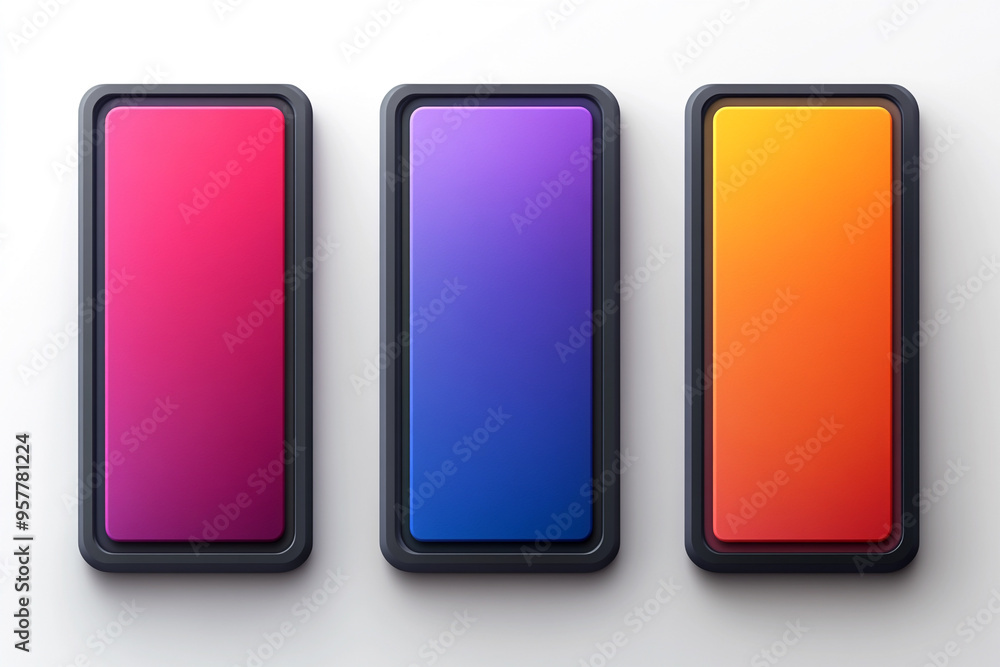 Three modern smartphones with vibrant gradient backgrounds, showcasing innovation and colorful design for technology enthusiasts. Three modern smartphones with vibrant gradient backgrounds, showcasing innovation and colorful design for technology enthusiasts.