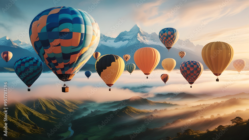 Obraz premium Misty Mountains and Vibrant Balloons