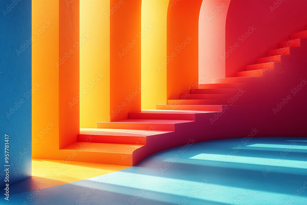 Vibrant staircase with colorful arches, creating a playful and modern aesthetic. Perfect for artistic and architectural concepts. Vibrant staircase with colorful arches, creating a playful and modern aesthetic. Perfect for artistic and architectural concepts.