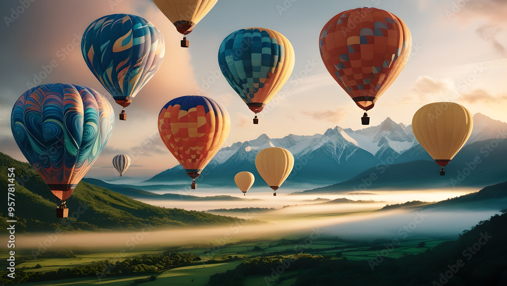 Fototapeta premium Graceful Flight: Balloons Over a Green Valley