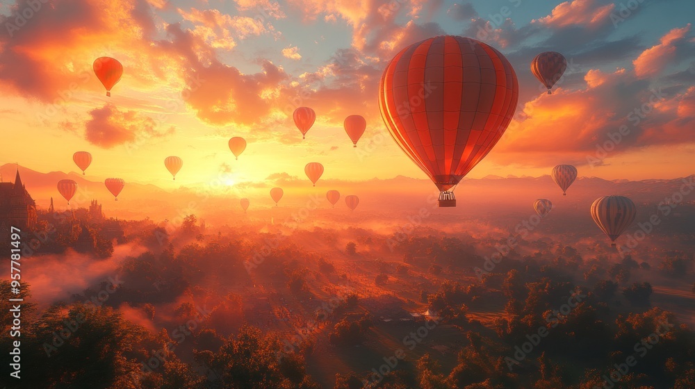 Colorful hot air balloons soaring over a picturesque sunset landscape. Colorful hot air balloons soaring over a picturesque sunset landscape.