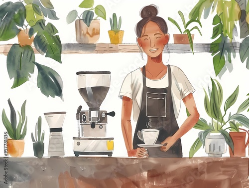 Illustration Happy Female Barista Making Coffee with Passion and Entrepreneurship photo