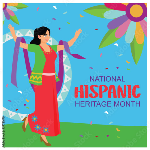 Celebration of hispanic heritage month. A woman dances with a shawl in her hands. Hispanic Heritage Month concept. Flat vector illustration.
