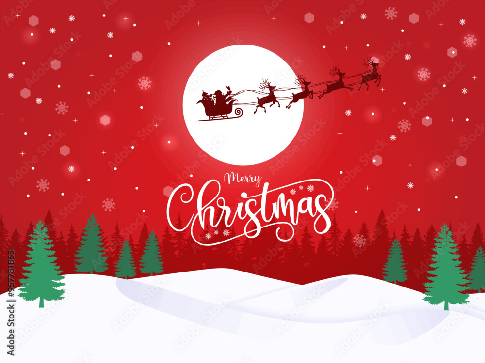 Naklejka premium Merry Christmas night view image with merry Christmas, moon and Santa creative merry Christmas illustration merry Christmas and new year greeting images for business