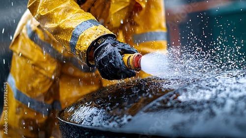 Close-up of a worker's hand using a water hose to clean a surface with precision and care. photo