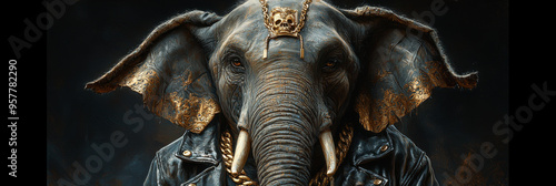 A close-up portrait of an elephant wearing a leather jacket, gold chains, and a skull pendant. The elephant's eyes are intense and the image has a dark and moody feel.
