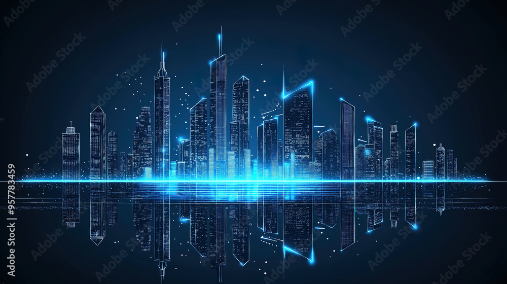 Fototapeta premium futuristic blue glowing modern city skyline and the beautiful reflextion in water at night
