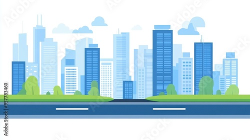 A sleek, modern skyline with vibrant buildings and lush grass creates a stunning urban cityscape in flat illustration style.