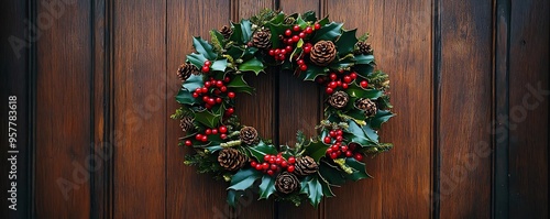 Christmas Holly Wreath with Pine Cones on Brown Wooden Door