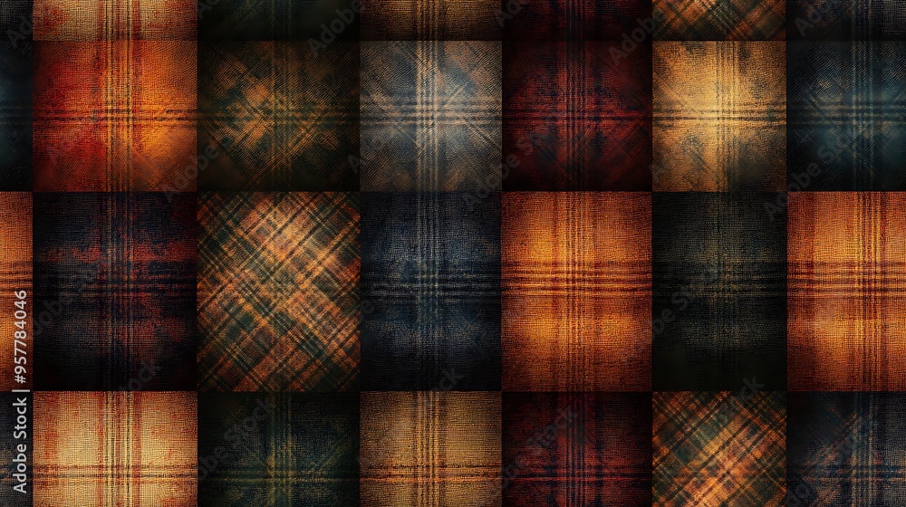 A seamless pattern featuring classic tartan designs with a mix of warm autumn colors like rust, ochre, and deep green, the textured fabric effect enhancing the rich, traditional feel, hd quality, A seamless pattern featuring classic tartan designs with a mix of warm autumn colors like rust, ochre, and deep green, the textured fabric effect enhancing the rich, traditional feel, hd quality,
