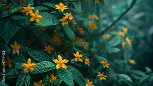 07231249 609. Artistic depiction of a plant covered in yellow star flowers, with a focus on the bright yellow blooms and the lush green leaves, creating a vivid and lively natural scene