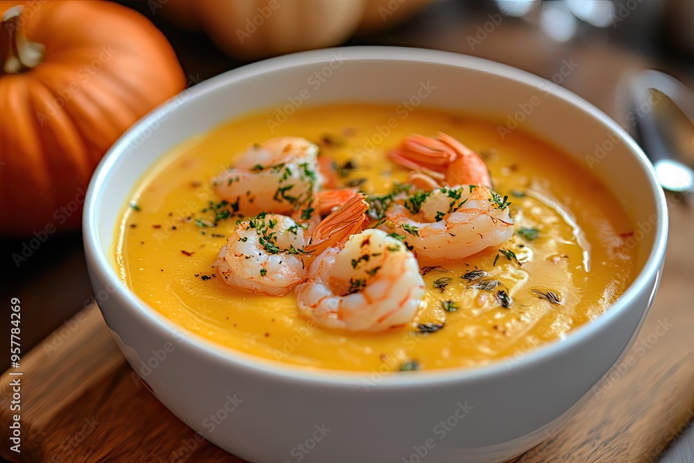 Pumpkin cream soup with shrimps Pumpkin cream soup with shrimps