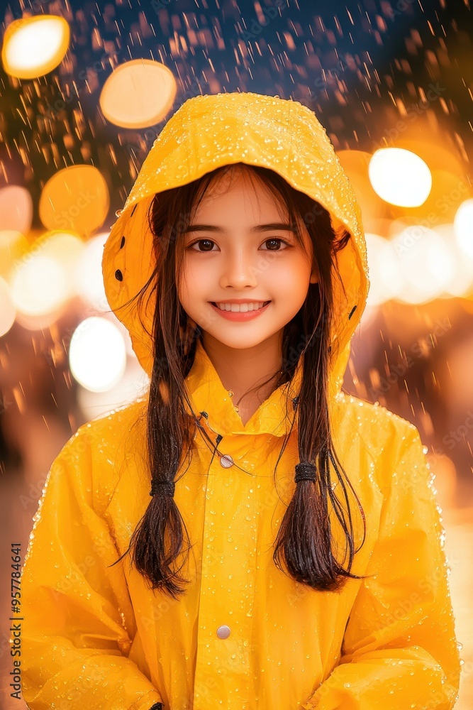 A stunning Thai woman, , strolls through city streets in a transparent raincoat, illuminated by soft streetlights in the rain. A stunning Thai woman, , strolls through city streets in a transparent raincoat, illuminated by soft streetlights in the rain.