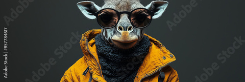 A giraffe wearing a yellow jacket and sunglasses stares intently at the camera. photo