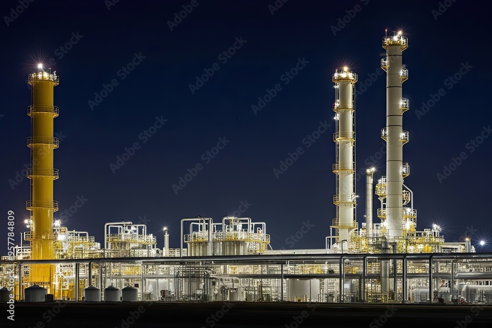 Nighttime Oil Refinery and Petrochemical Plant with Gas Industry Tower Column Nighttime Oil Refinery and Petrochemical Plant with Gas Industry Tower Column