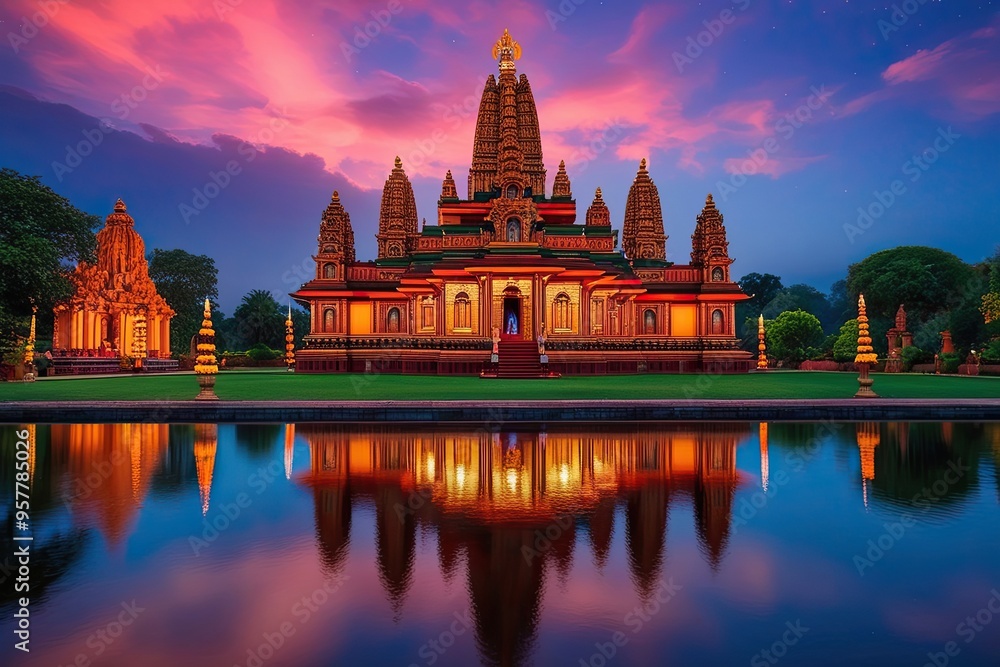 Obraz premium Vibrant Temple Nightfall Wallpaper for Puthandu Celebration and Hindu Festival Joy
