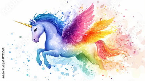 Vector illustration,cute rainbow pegasus unicorn ,rainbow colors hair, fantasy magic unicorn,generative ai. Unicorn. Illustration photo