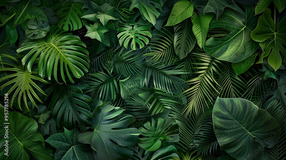 07231249 618. Artistic representation of green tropical leaves creating a dense forest background, with intricate details of different leaf types blending into a cohesive natural scene 07231249 618. Artistic representation of green tropical leaves creating a dense forest background, with intricate details of different leaf types blending into a cohesive natural scene