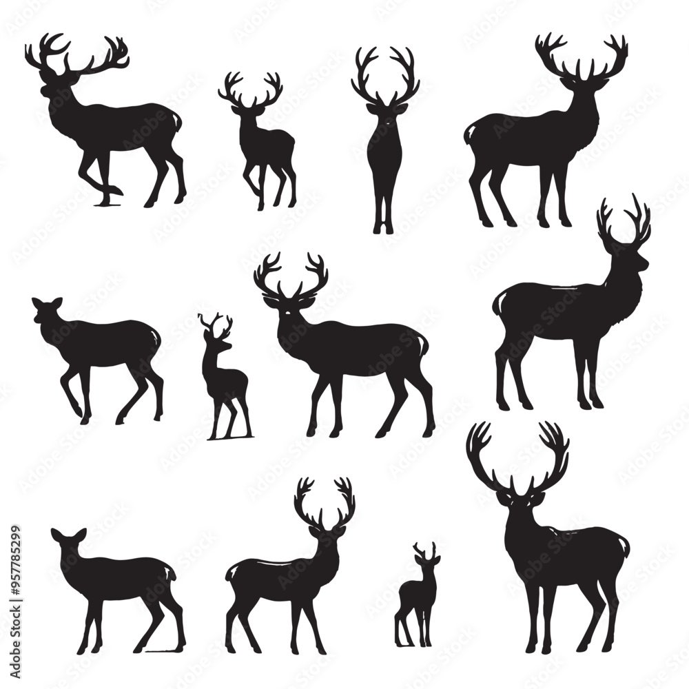 Fototapeta premium set of deer silhouettes on white