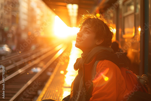 A young adult, with a hopeful expression, sits at subway station, surrounded by bustling energy of city, as warm glow of sunrise bathes platform in a golden light, casting a sense of anticipation and 