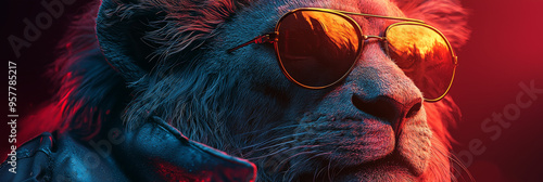 A lion in sunglasses looks cool in the red light. photo