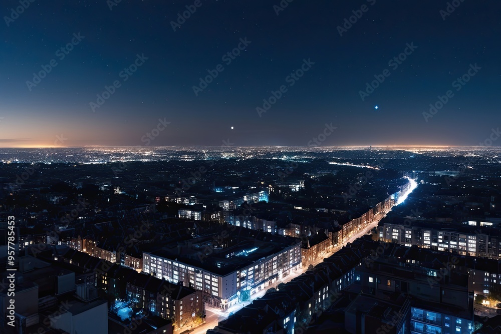 Fototapeta premium Nighttime Urban Landscapes and Celestial Wonders of Twilight Earth