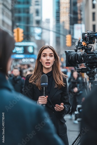 A female journalist reporting live from the scene of a breaking news event. She’s speaking into the camera with a busy cityscape in the background