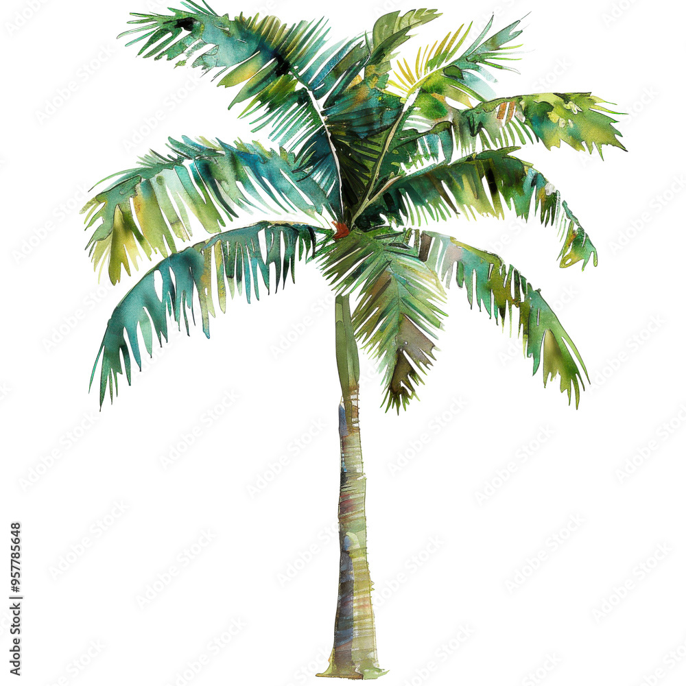 Naklejka premium A Lush, Tropical Palm Tree Standing Tall, Its Vibrant Green Fronds Reaching Towards The Sky, Symbolizing Nature’s Beauty And Serenity In A Perfect Tropical Paradise Setting.