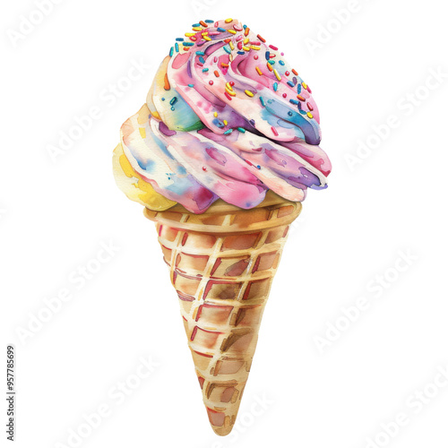 Delight in Every Scoop: A Vividly Crafted Ice Cream Cone Bursting with Colors and Sprinkles to Evoke Joyful Memories of Summer Treats and Indulgences!