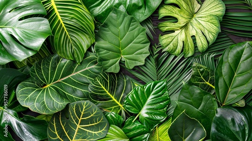 Wallpaper Mural 07231249 629. Elegant close-up of various tropical tree leaves from the Asian tropics, arranged to create a rich and natural background with detailed textures and lush greenery Torontodigital.ca