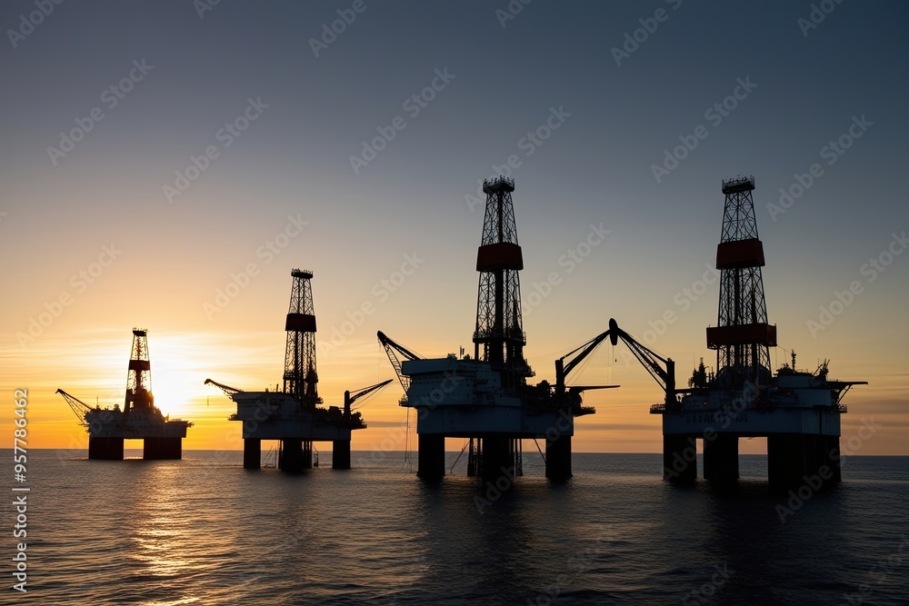 Obraz premium Sunset Silhouettes of Offshore Drilling Platforms in Arctic Energy Exploration