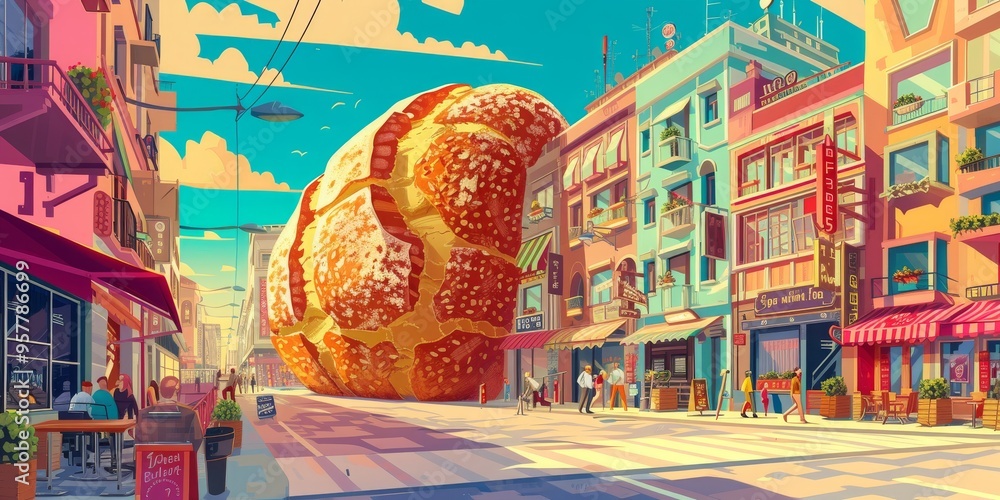 Bustling city scene featuring a giant loaf of bread on the street ...
