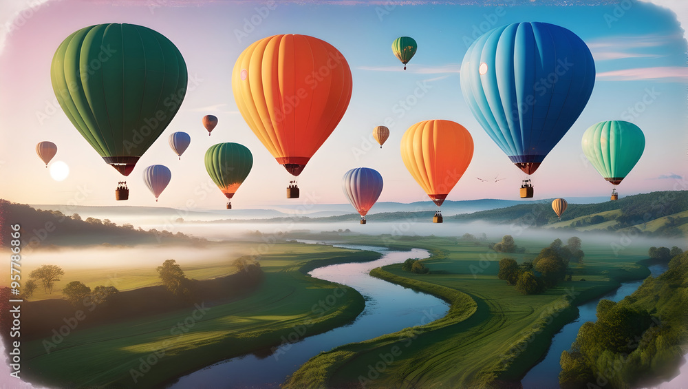 Fototapeta premium Winding River and Rising Balloons