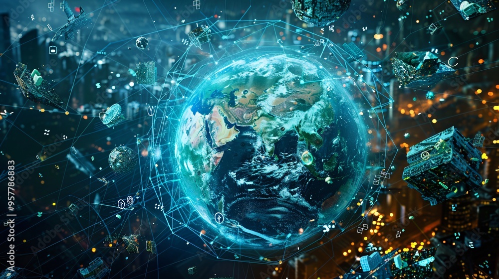 Obraz premium 07231249 640. Conceptual illustration of a global waste management system driven by AI, featuring a network of recycling stations and smart technology visualized on a digital globe