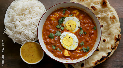 Creamy egg curry, served with a side of basmati rice and warm naan bread photo