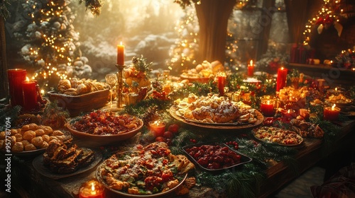 Festive table filled with holiday treats and decorations.