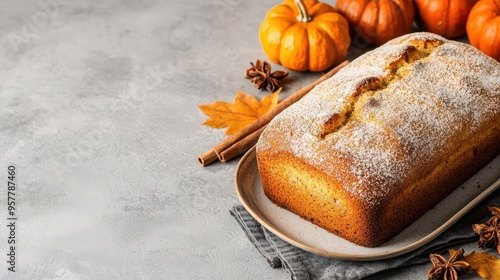 Rustic pumpkin loaf with sugar coating, surrounded by mini pumpkins and cinnamon sticks, fall bread, cozy autumn setting photo