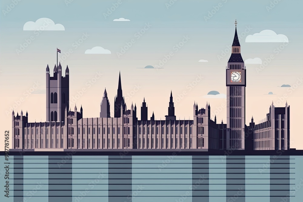 Obraz premium Minimalist Illustration of London's Houses of Parliament and Skyline Design