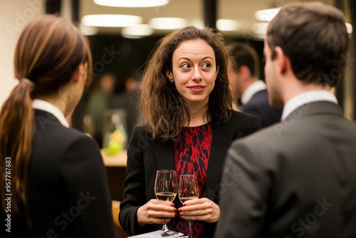  female politician attending a formal reception. She’s mingling with dignitaries and engaging in high-level discussions