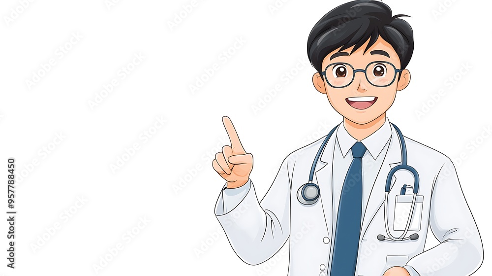 Welcoming Healthcare Environment - Cheerful Doctor Pointing to Blank Space in Color Pencil Style Drawing with Hand-Drawn Aesthetic Welcoming Healthcare Environment - Cheerful Doctor Pointing to Blank Space in Color Pencil Style Drawing with Hand-Drawn Aesthetic